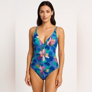 GAP Plunge Floral One-Piece Swimsuit L Ruched Sides Adjustable Straps Resort